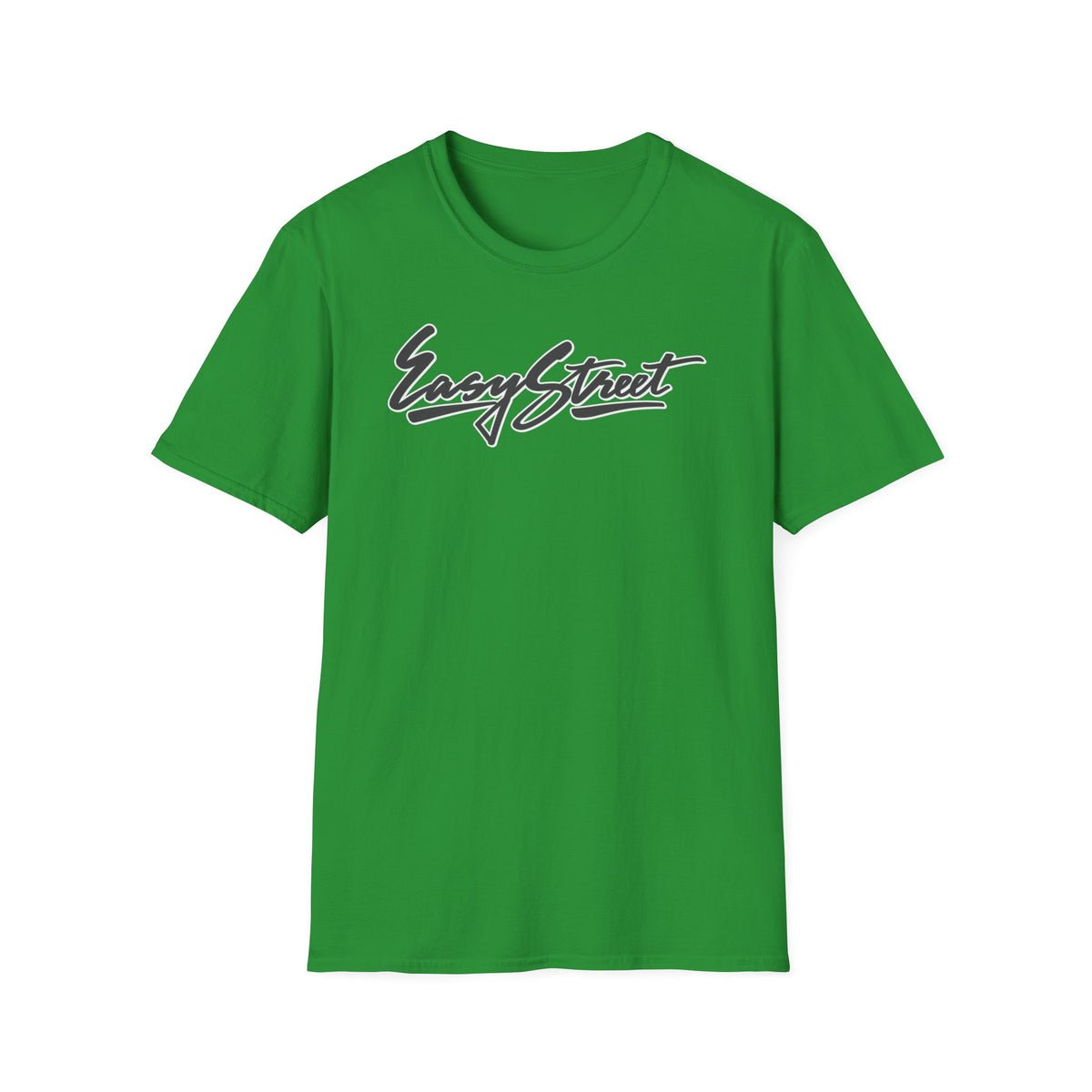 Green t-shirt with black and white cursive "Easy Street" text.