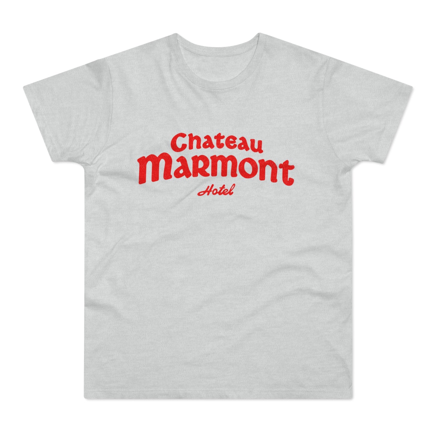 Light grey t-shirt with red "Chateau Marmont Hotel" text.