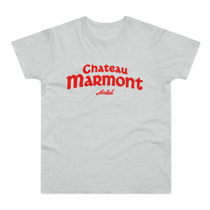 Light grey t-shirt with red "Chateau Marmont Hotel" text.