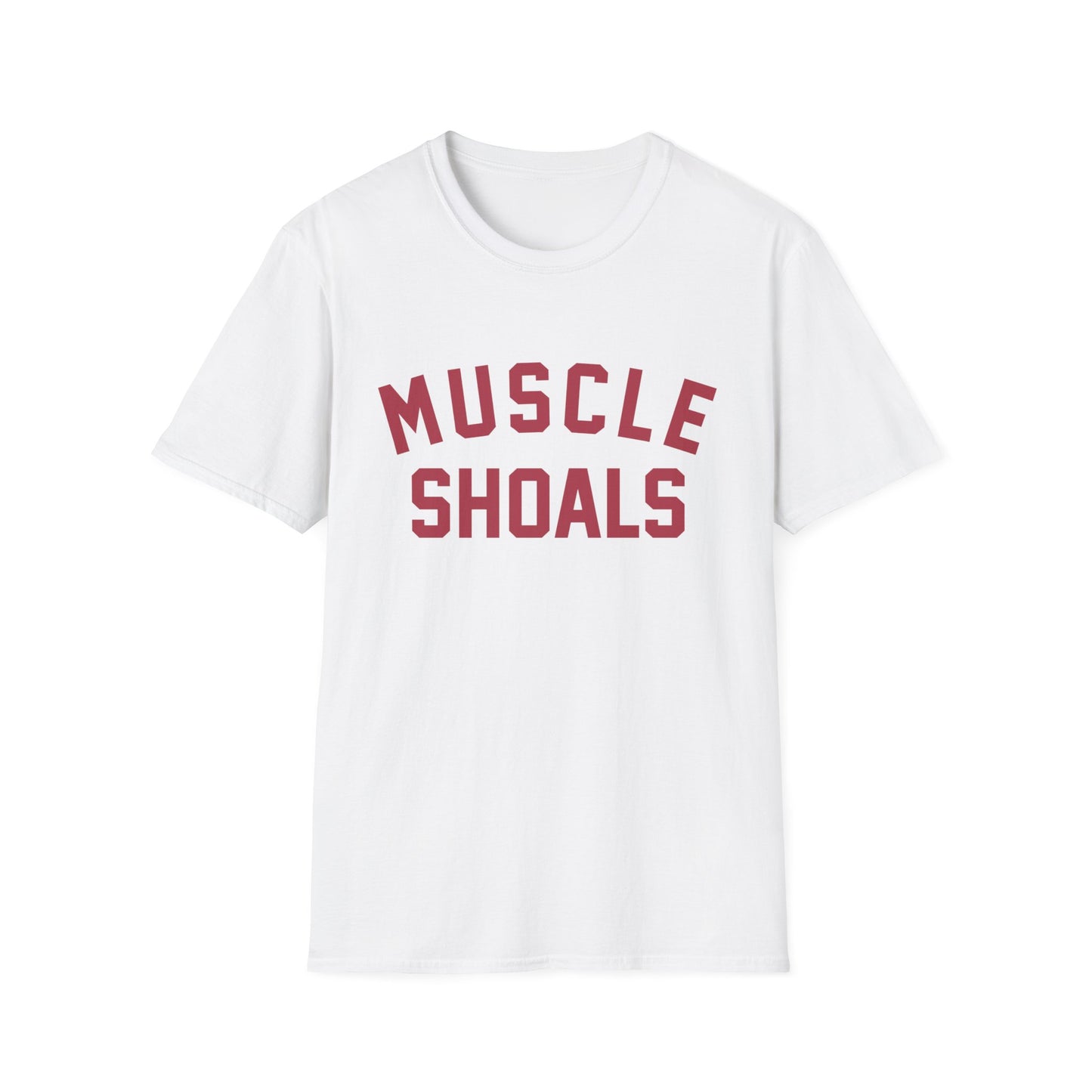 White t-shirt with maroon text "MUSCLE SHOALS" across the chest.