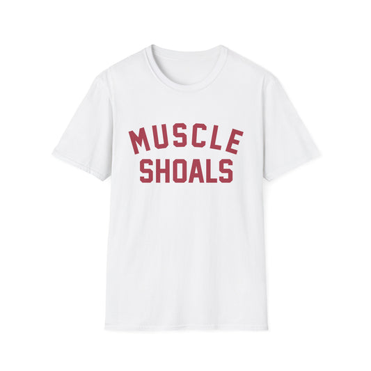 White t-shirt with maroon text "MUSCLE SHOALS" across the chest.