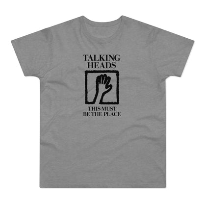 Talking Heads This Must Be The Place graphic tee on a grey t-shirt.