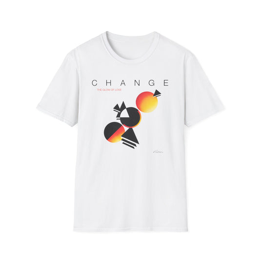 White t-shirt with "CHANGE" and abstract graphic art in red, yellow, and black.