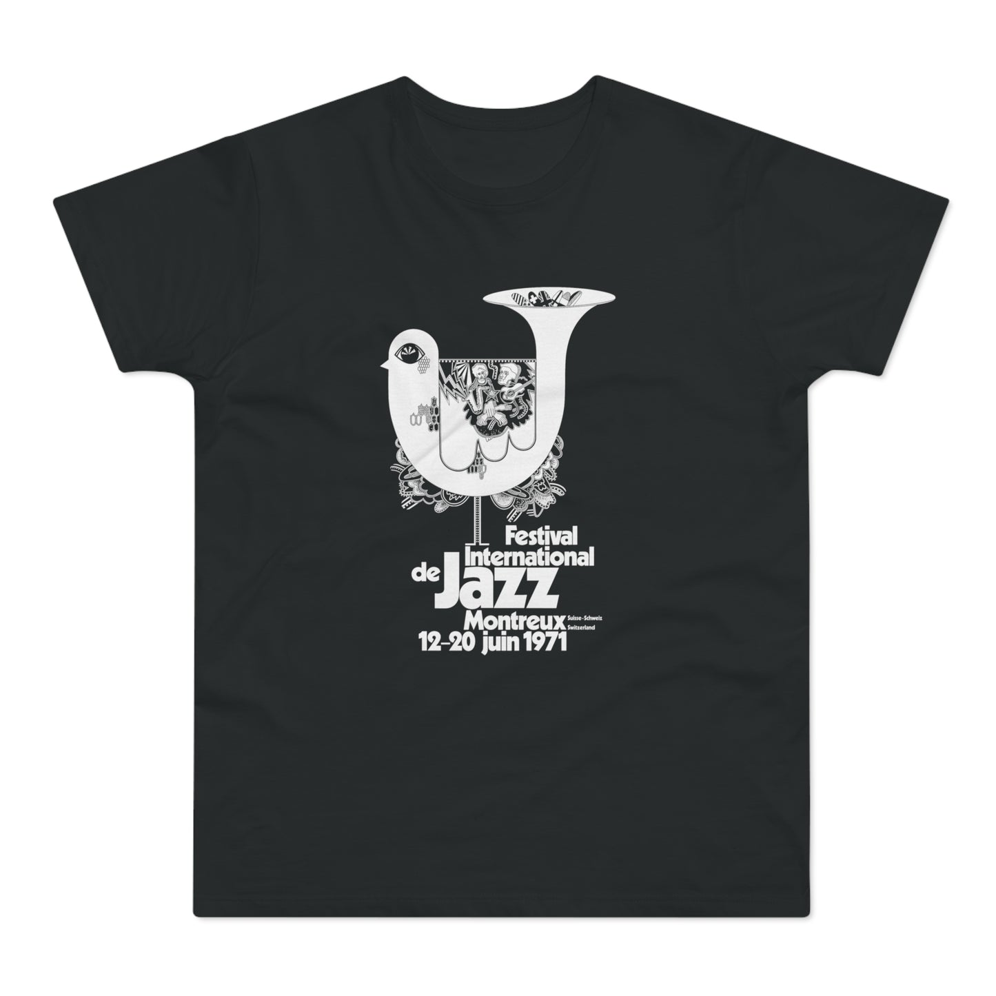 Black t-shirt with white graphic for Montreux Jazz Festival, June 12-20, 1971.