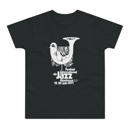 Black t-shirt with white graphic for Montreux Jazz Festival, June 12-20, 1971.