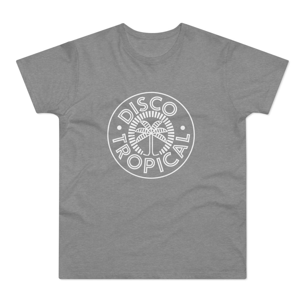 Gray t-shirt with a white "Disco Tropical" circular logo featuring a palm tree.