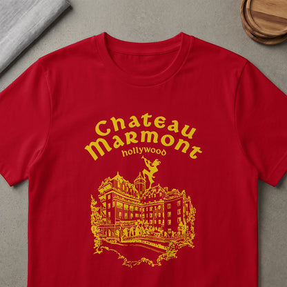 Red t-shirt with yellow Chateau Marmont Hollywood text and building graphic.
