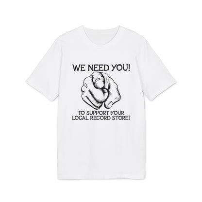White t-shirt with black graphic of pointing finger and text "We Need You!".