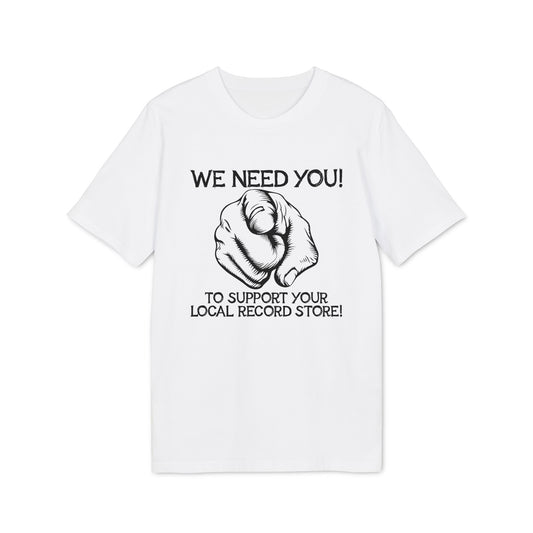 White t-shirt with black graphic of pointing finger and text "We Need You!".