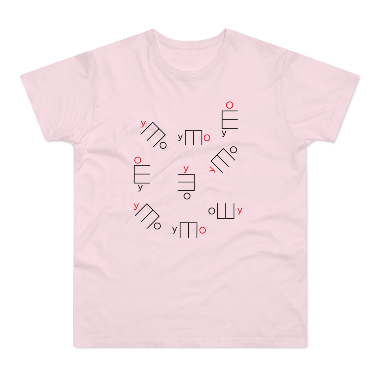 Pink t-shirt with an all-over pattern of abstract black and red line designs.