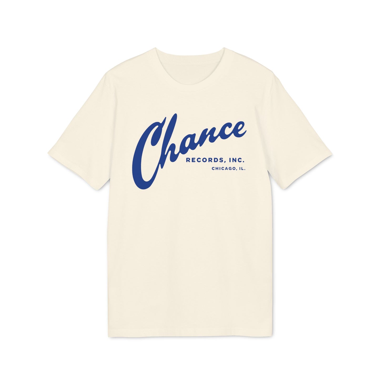 Cream t-shirt with blue Chance Records, Inc. Chicago, IL text.