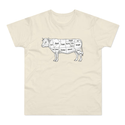 Line drawing of a cow diagram showing music genres as cuts of meat.