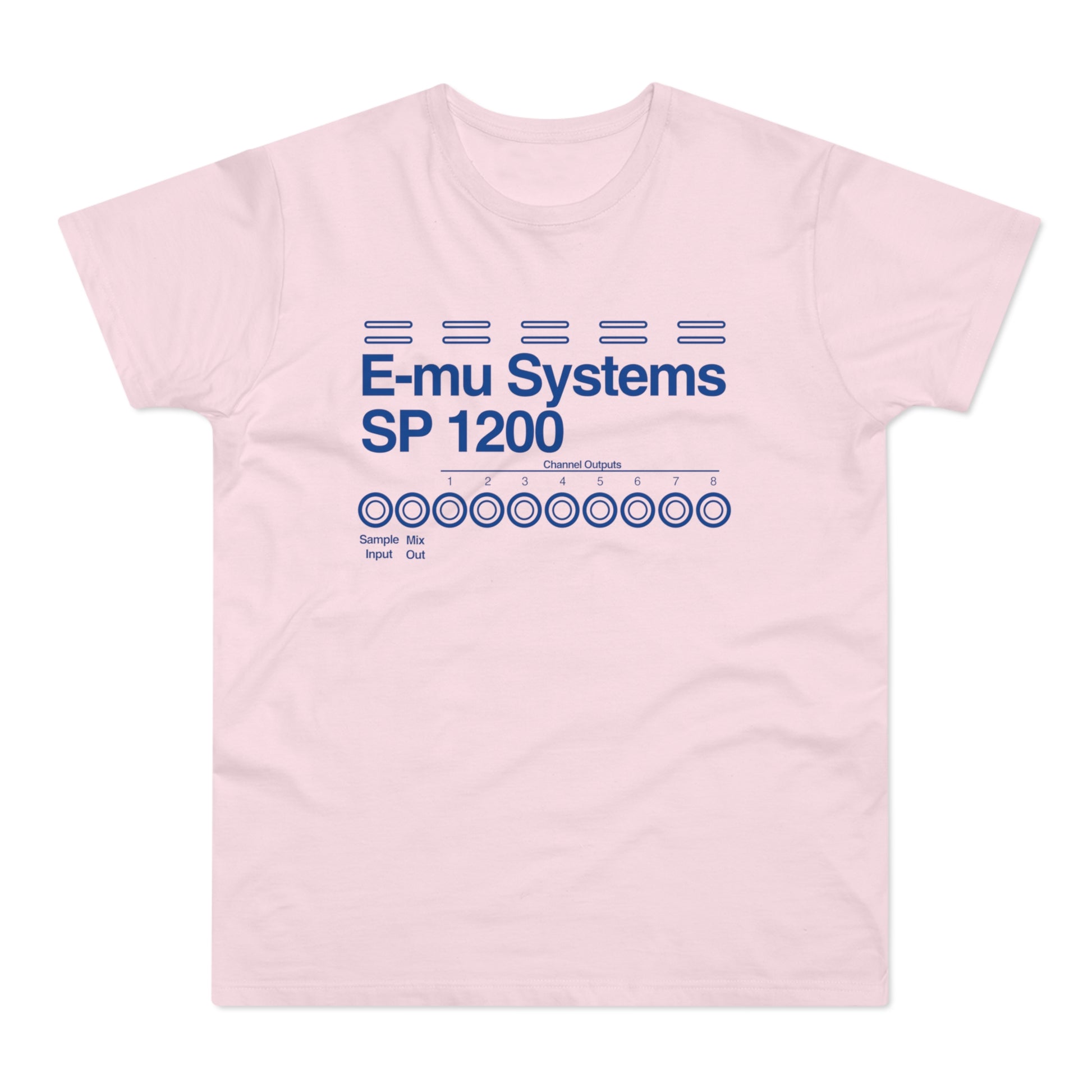 Pink t-shirt with E-mu Systems SP 1200 text and channel outputs graphic.