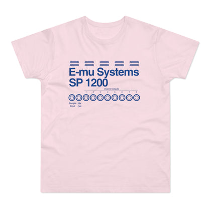 Pink t-shirt with E-mu Systems SP 1200 text and channel outputs graphic.