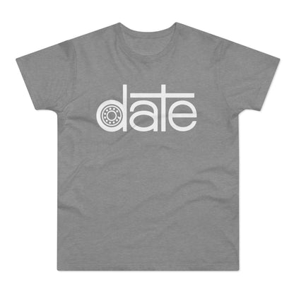 Grey t-shirt with white text "date" featuring a stylized bearing as the letter "a".