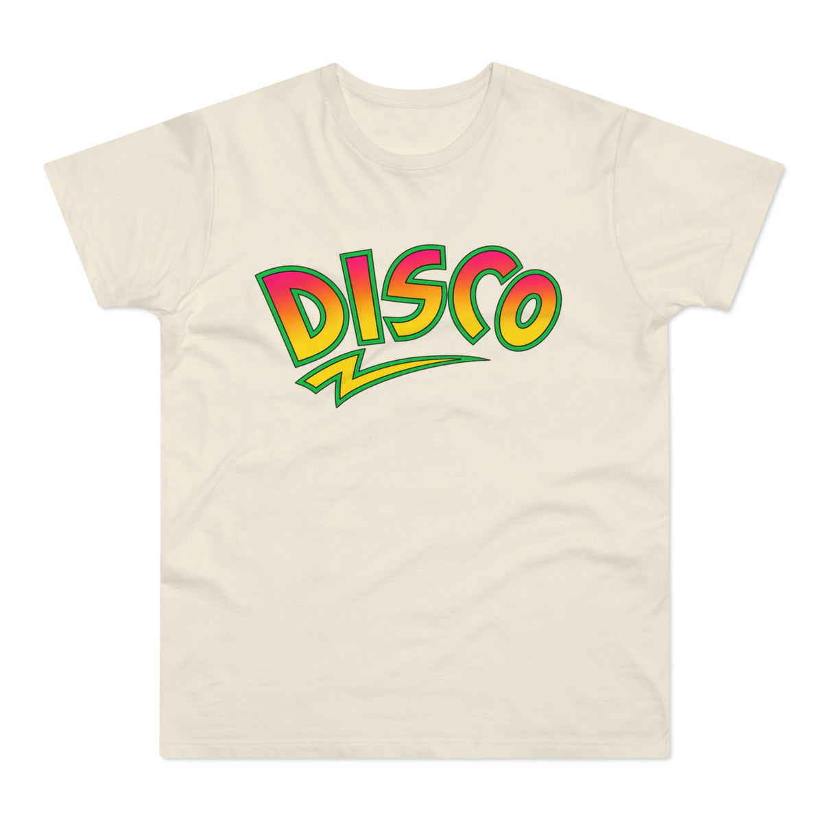 Cream t-shirt with a "DISCO" graphic in pink, yellow, and green.