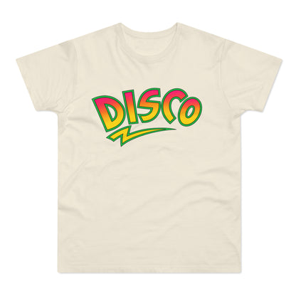 Cream t-shirt with a "DISCO" graphic in pink, yellow, and green.