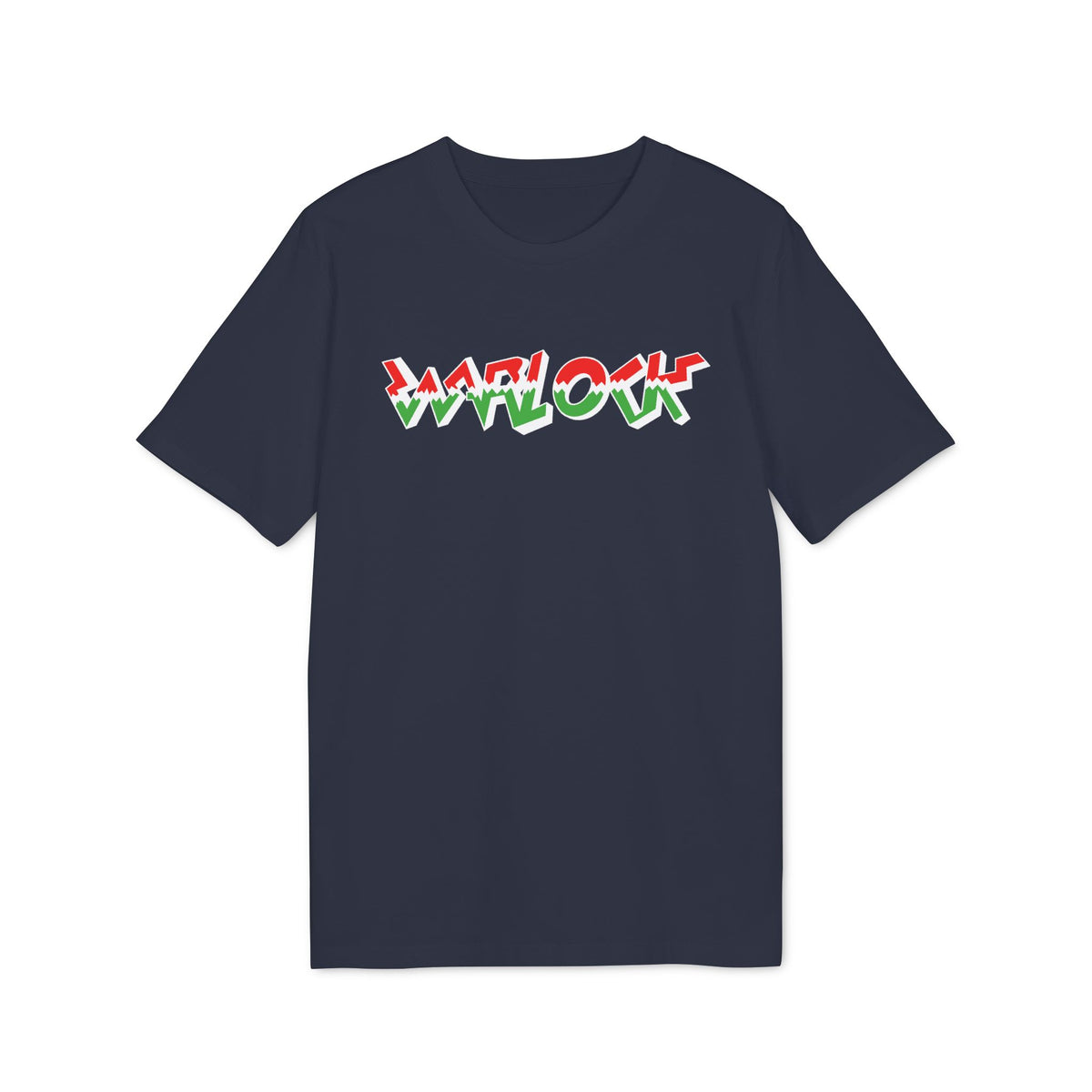 Dark blue t-shirt with "WARLOCK" in red, white, and green graffiti-style lettering.