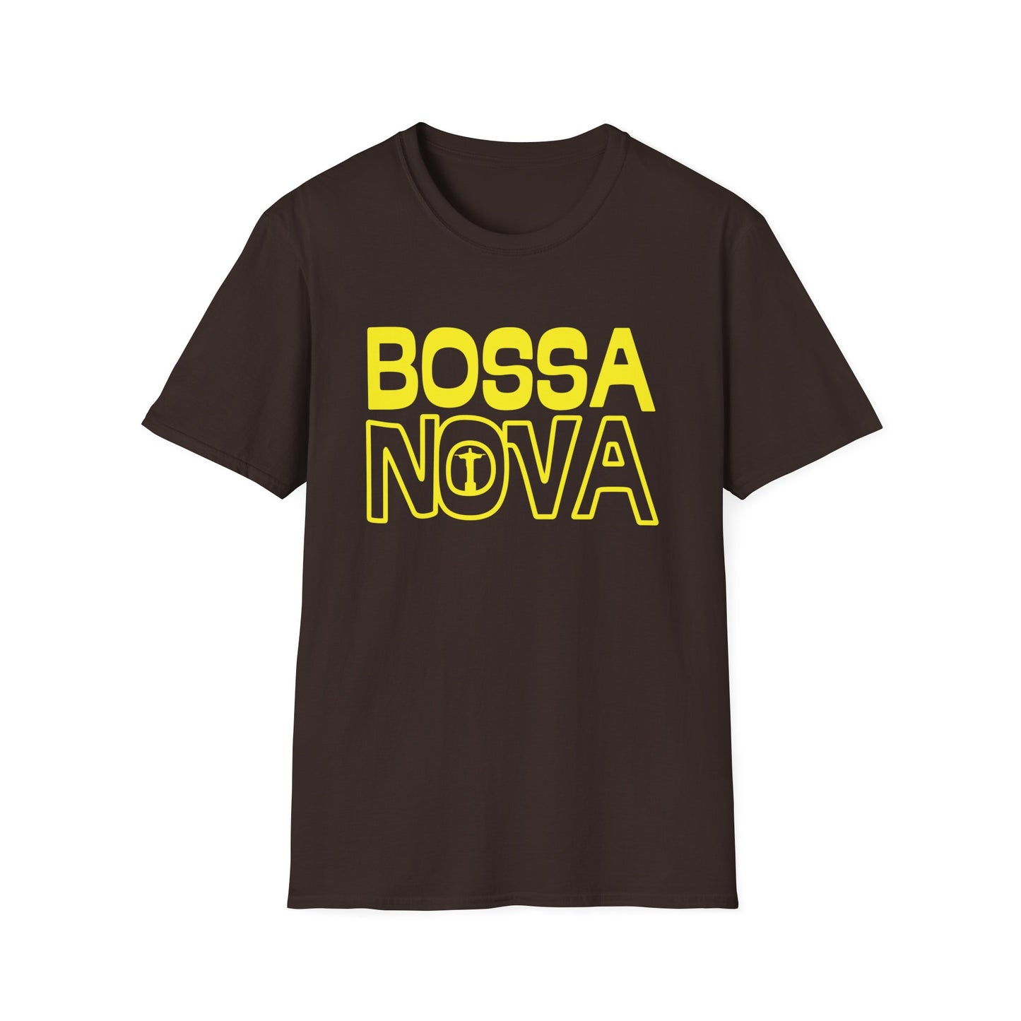 Dark brown t-shirt with yellow "BOSSA NOVA" text and a small Christian cross inside the "O" of Nova.