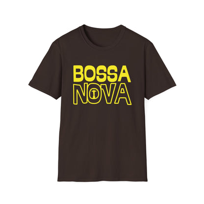 Dark brown t-shirt with yellow "BOSSA NOVA" text and a small Christian cross inside the "O" of Nova.