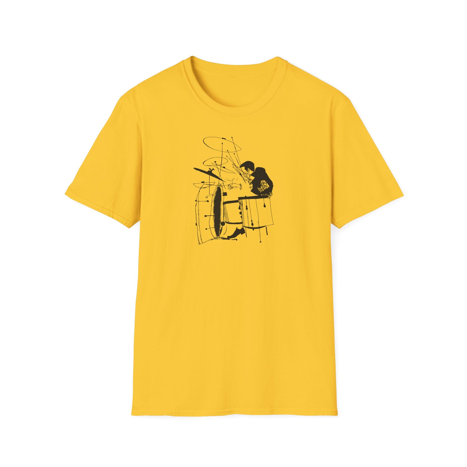 Yellow t-shirt with a black graphic of a drummer playing a drum set.