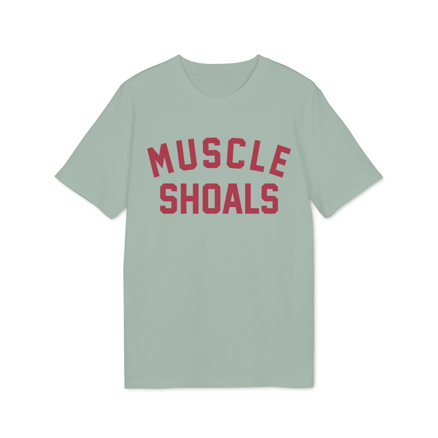 Light sage green t-shirt with red text reading "MUSCLE SHOALS".