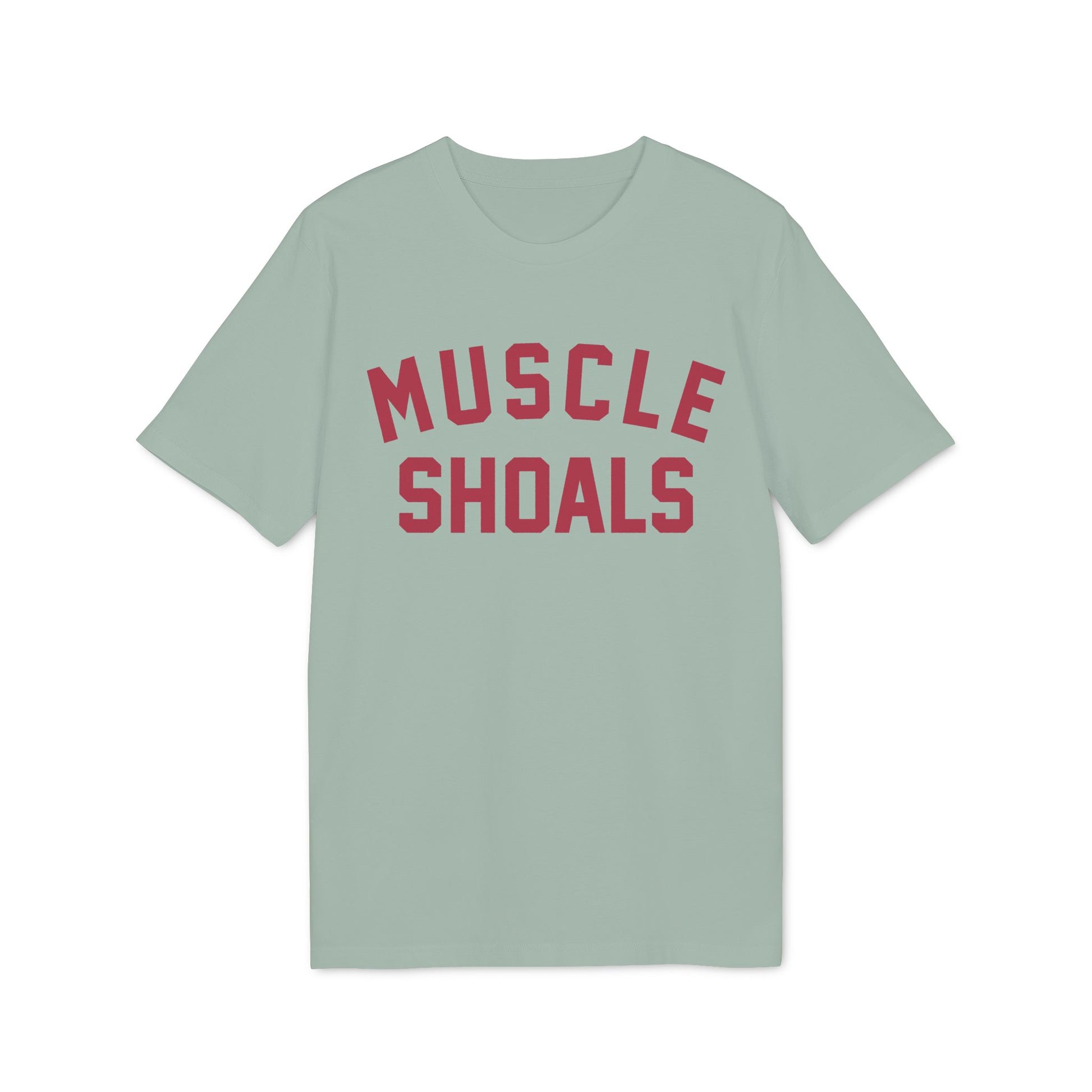 Light sage green t-shirt with red text reading "MUSCLE SHOALS".