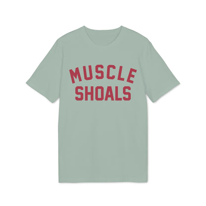 Light sage green t-shirt with red text reading "MUSCLE SHOALS".