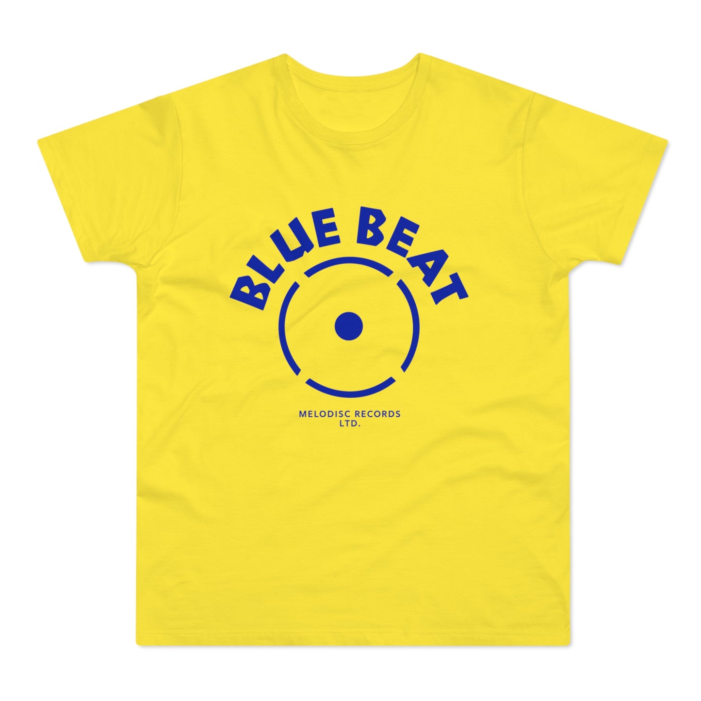 Yellow t-shirt with blue "BLUE BEAT" text and record logo.
