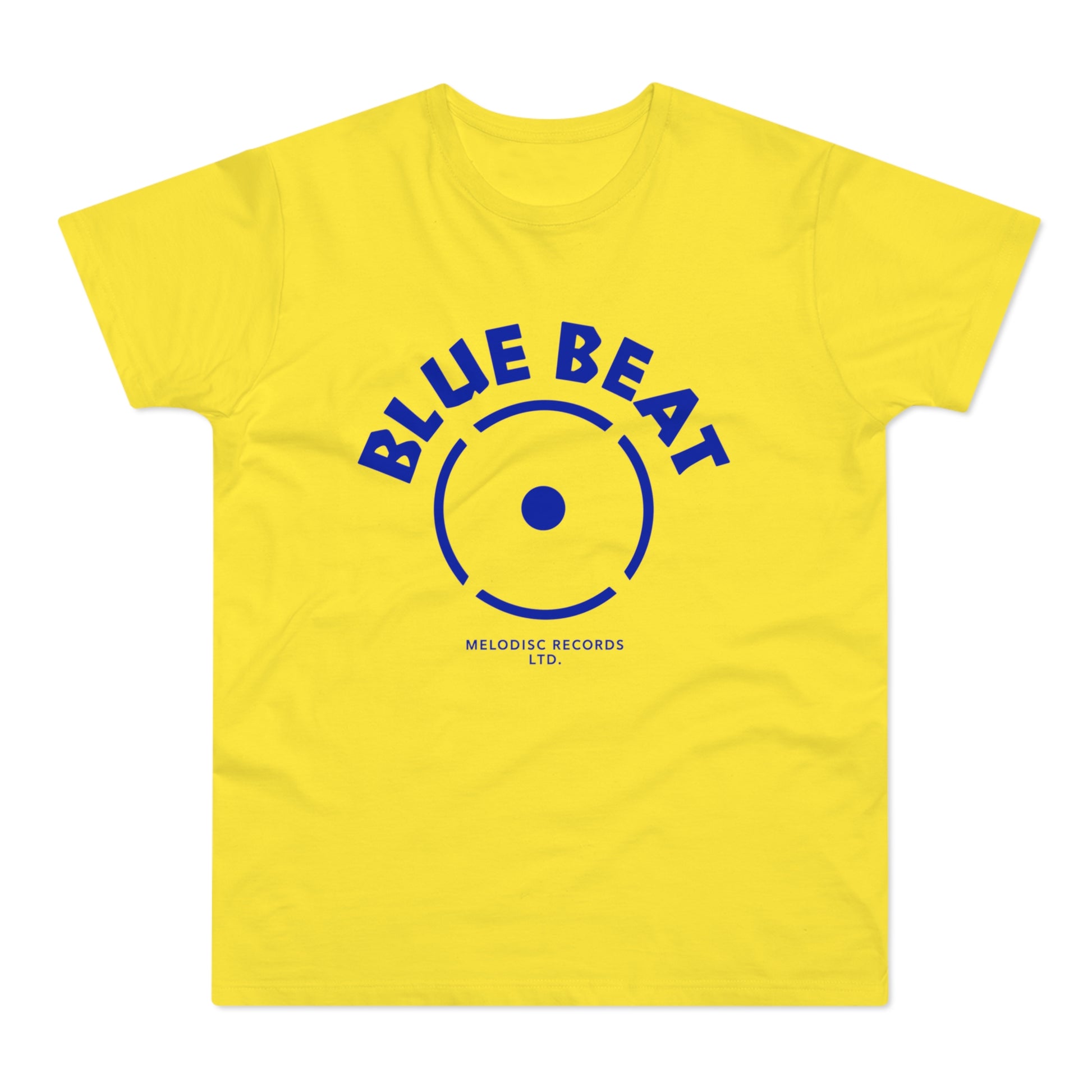 Yellow t-shirt with blue "BLUE BEAT" text and record logo.