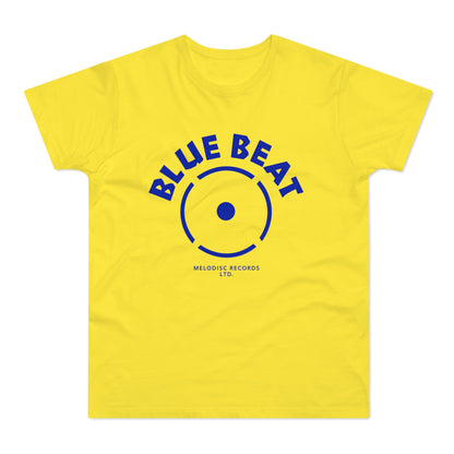 Yellow t-shirt with blue "BLUE BEAT" text and record logo.