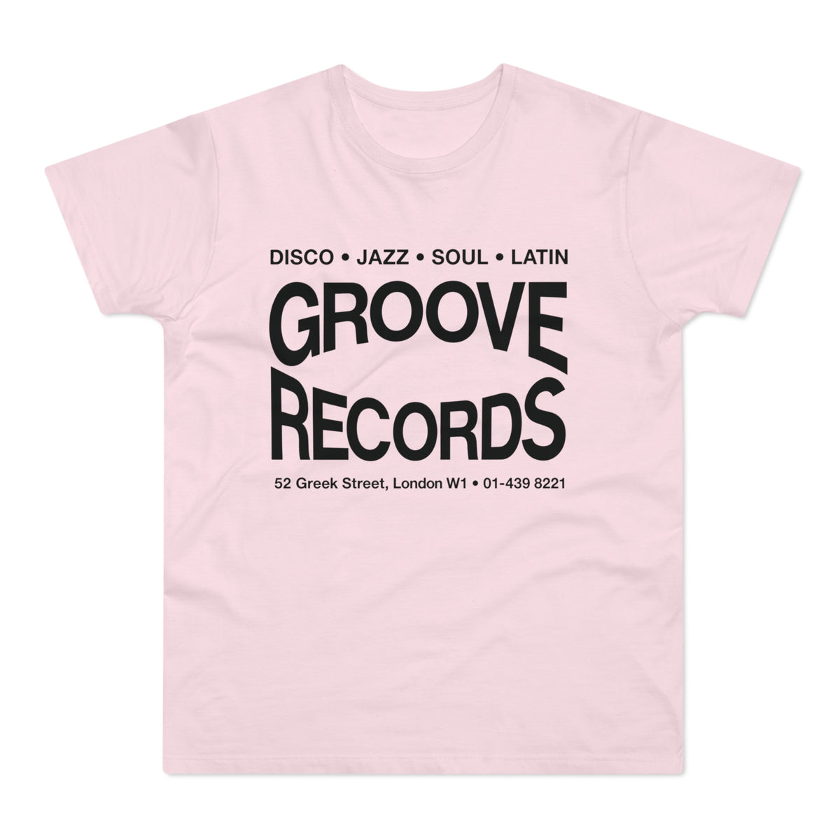 Pink t-shirt with "Groove Records" and "Disco Jazz Soul Latin" text.