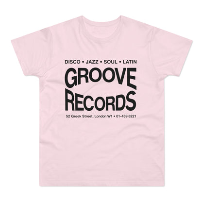 Pink t-shirt with "Groove Records" and "Disco Jazz Soul Latin" text.