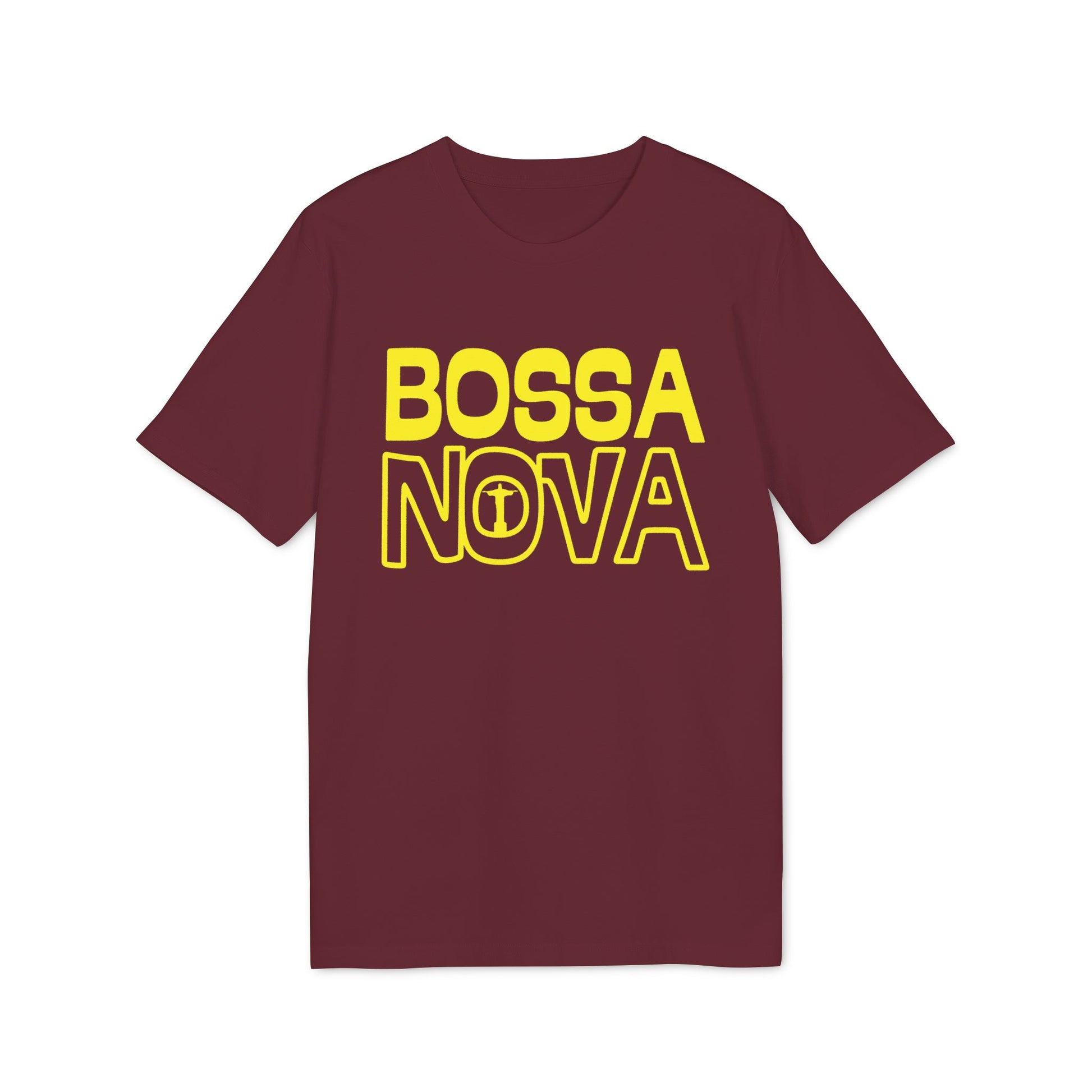 Maroon t-shirt with yellow "BOSSA NOVA" text and graphic.