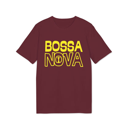 Maroon t-shirt with yellow "BOSSA NOVA" text and graphic.