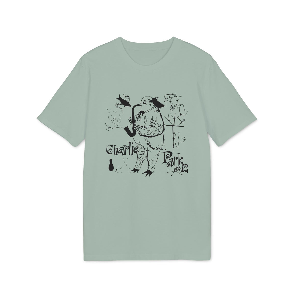 Bird playing saxophone with "Charlie Parker" text on a light green t-shirt.