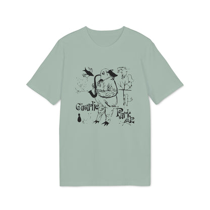Bird playing saxophone with "Charlie Parker" text on a light green t-shirt.