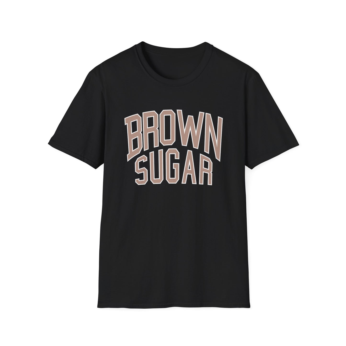 Black t-shirt with "BROWN SUGAR" text in collegiate style lettering.