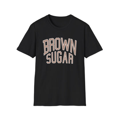 Black t-shirt with "BROWN SUGAR" text in collegiate style lettering.