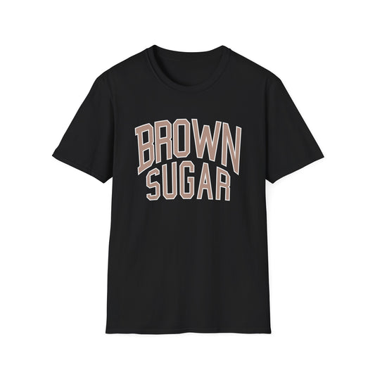 Black t-shirt with "BROWN SUGAR" text in collegiate style lettering.
