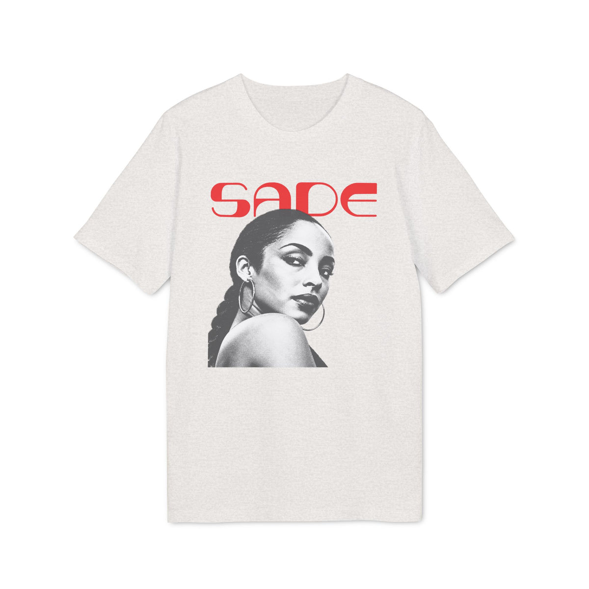 Sade portrait with red text on a light grey t-shirt.