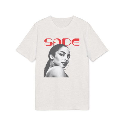 Sade portrait with red text on a light grey t-shirt.