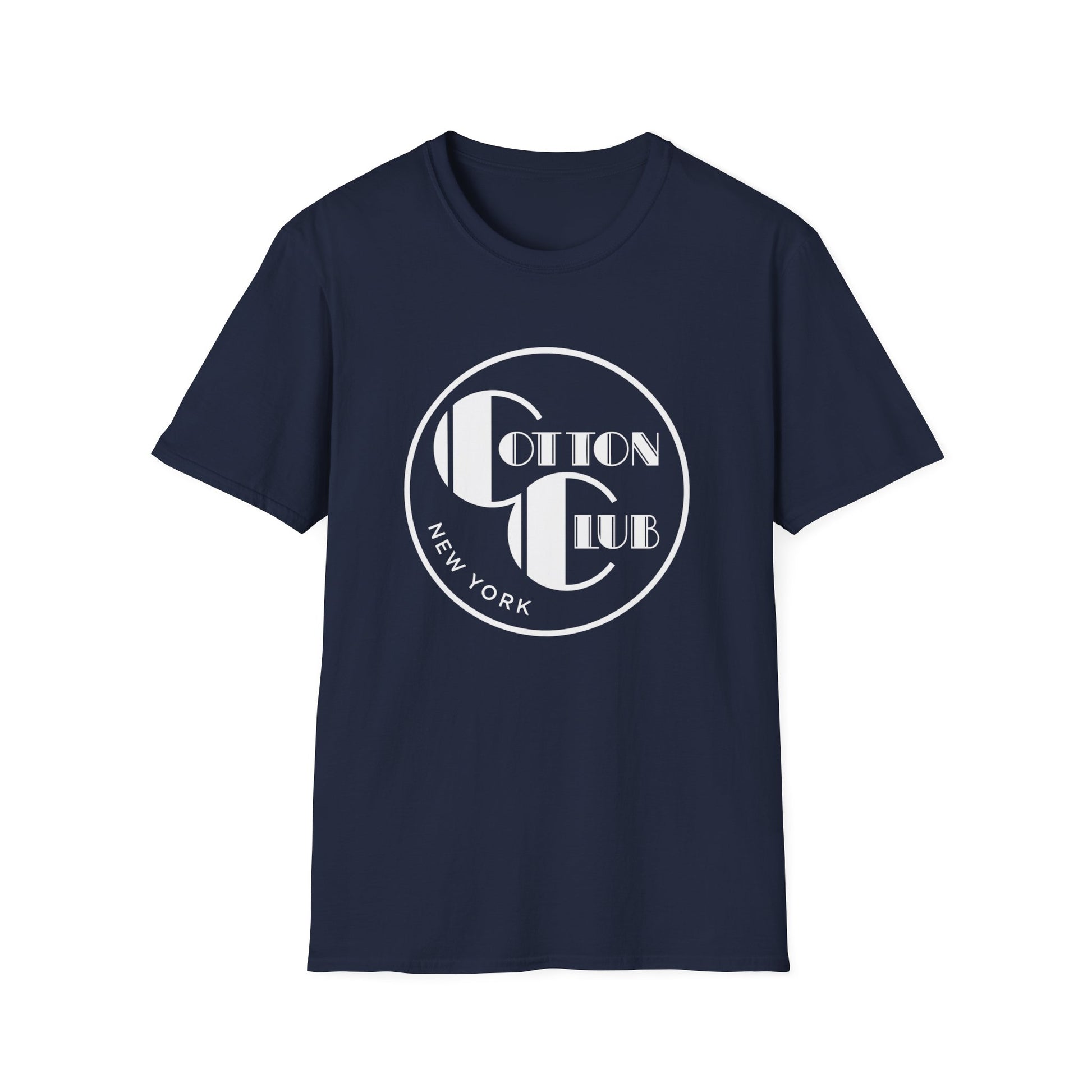 Navy t-shirt with white circular logo featuring text "Cotton Club New York".