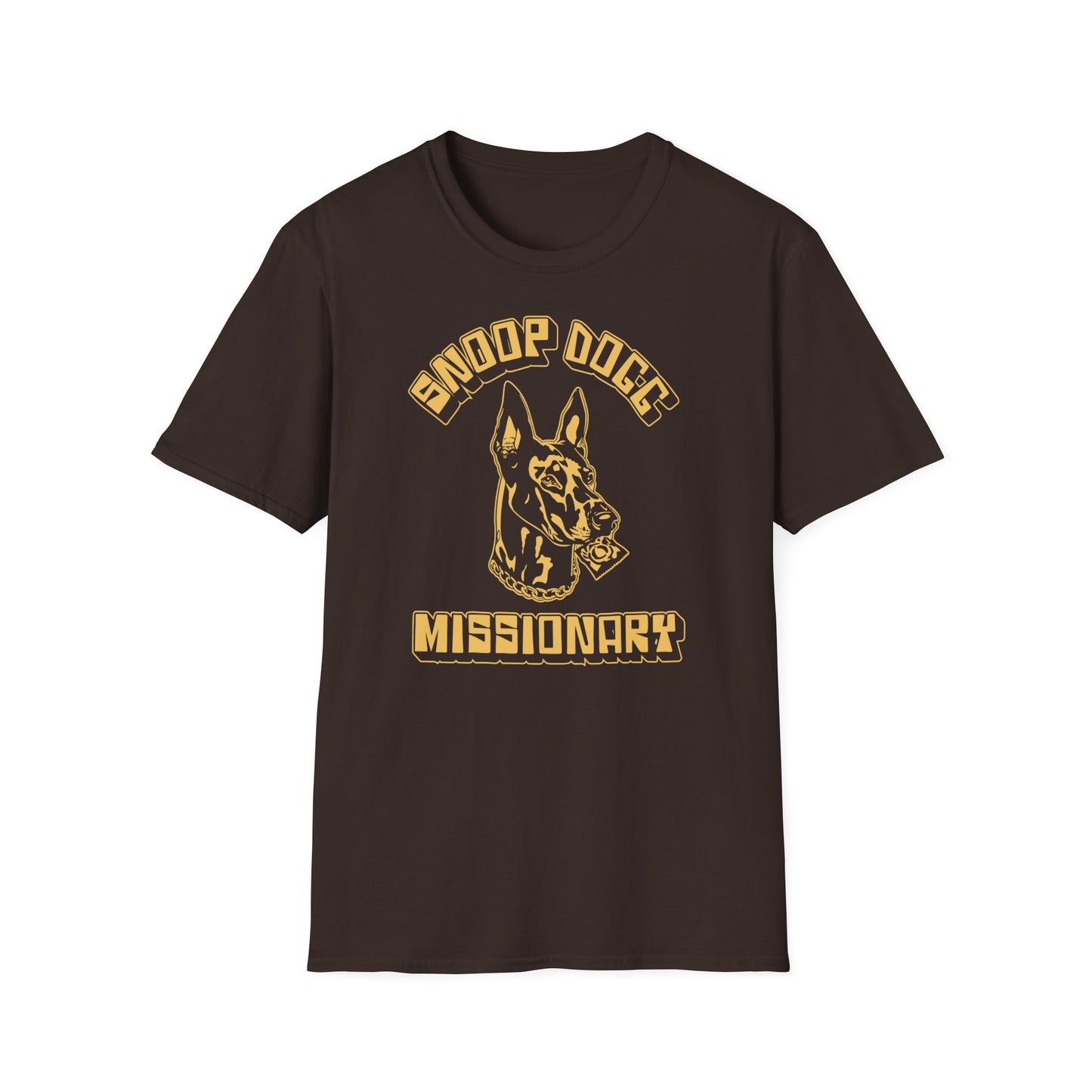 Dark t-shirt with dog head graphic, "Snoop Dogg" and "Missionary" text.