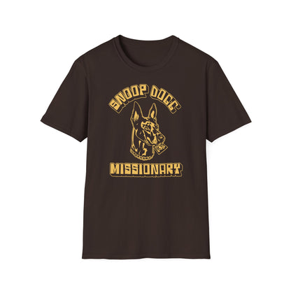 Dark t-shirt with dog head graphic, "Snoop Dogg" and "Missionary" text.