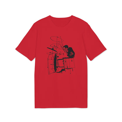 Red t-shirt with a black line drawing of a drummer playing a drum set.
