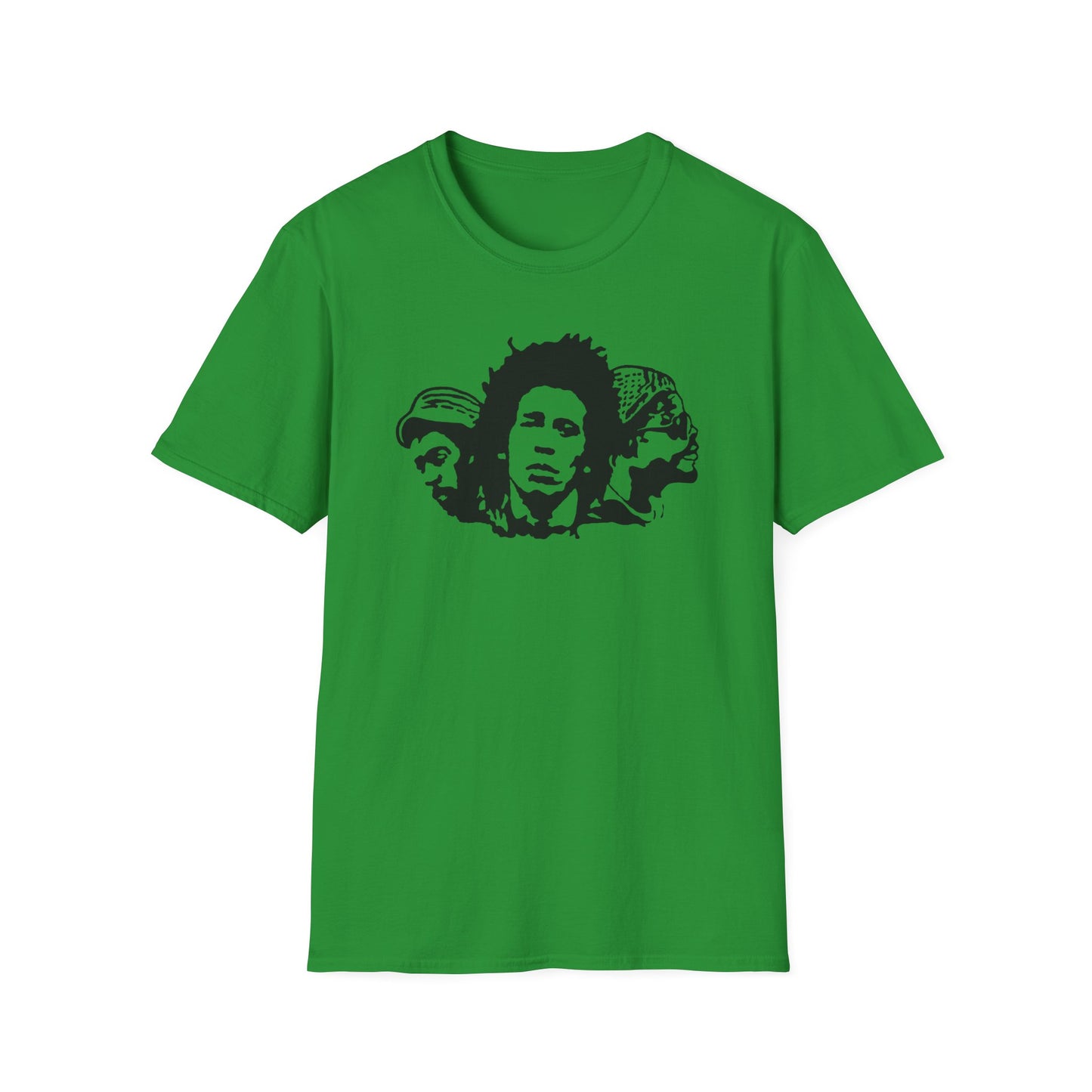 Green t-shirt with black graphic of three men's faces in profile.