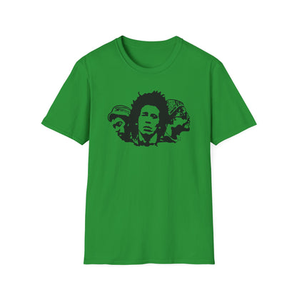 Green t-shirt with black graphic of three men's faces in profile.