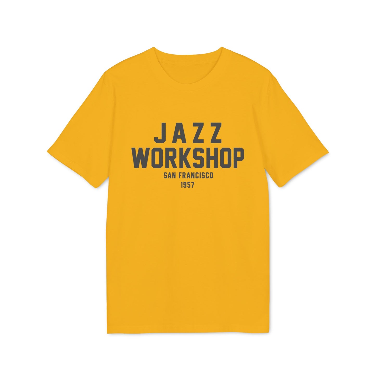 Yellow t-shirt with "Jazz Workshop San Francisco 1957" text