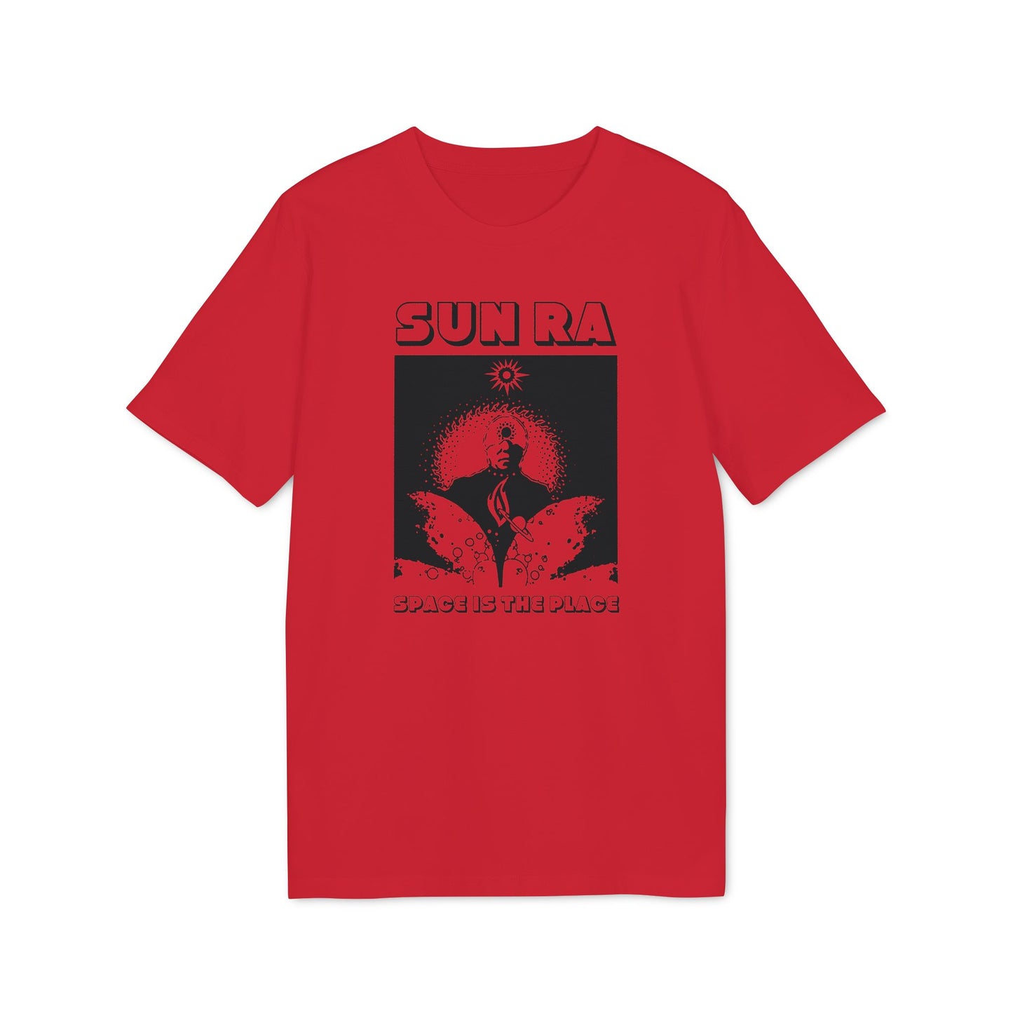 Red t-shirt with Sun Ra and "Space is the Place" graphic text.